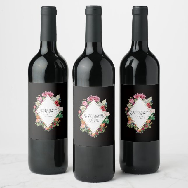 Black Flower Photo Funeral Wine Label (Bottles)