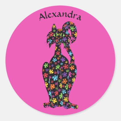 Black Flowered Cat Girly Pink Personalized Classic Round Sticker