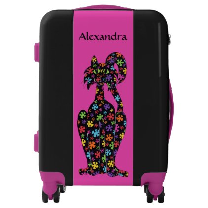 Black Flowered Cat on Girly Pink Personalized Luggage