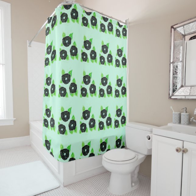 Black Flowered Shower Curtain (In Situ)