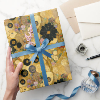 Black Flowers and Gold Abstract | Klimtesque Wrapping Paper