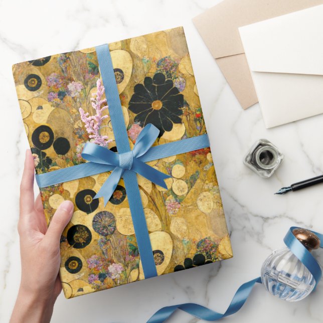 Black Flowers and Gold Abstract | Klimtesque Wrapping Paper (Gifting)