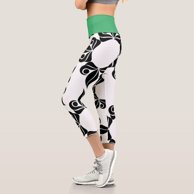 Black Flowers And Green  Capri Leggings (Left)