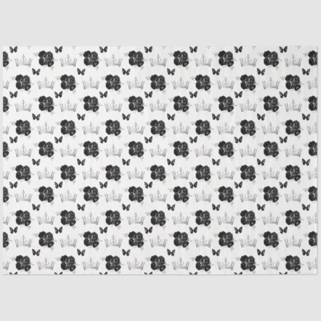 Black Flowers and Silver Crowns Tissue Paper (Front)