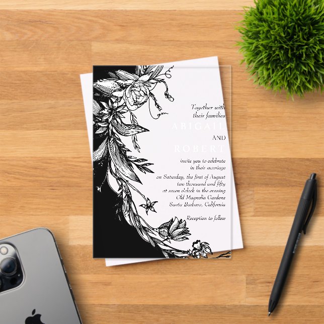 Black flowers and typography floral wedding acrylic invitations (Insitu (Invitation Card))