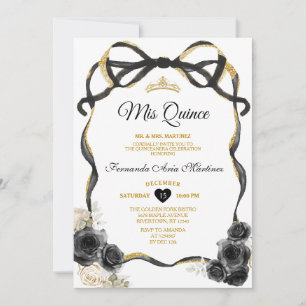 Black Flowers Bow Ribbon Gold Crown Mis Quince Invitation