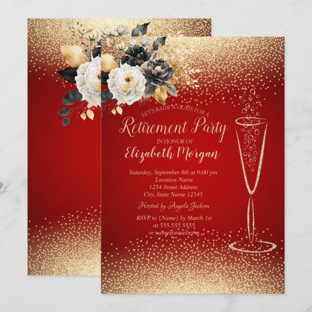 Black Flowers Confetti Wine Glass Red Retirement Invitation (Front/Back)