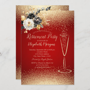 Black Flowers Confetti Wine Glass Red Retirement Invitation