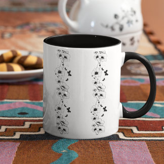 Black Flowers floral pattern coffee mug