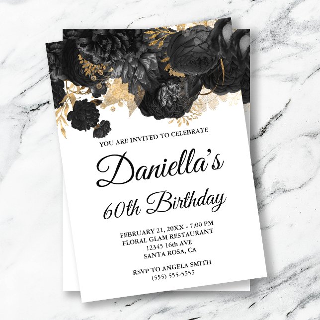 Black Flowers Gold Foil Glam 60th Birthday Invitation (Creator Uploaded)