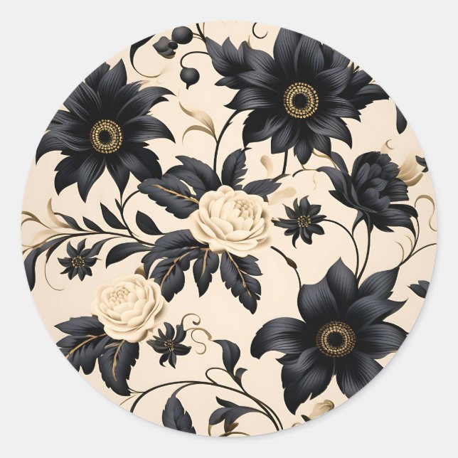 Black Flowers on Beige Pattern Classic Round Sticker (Front)