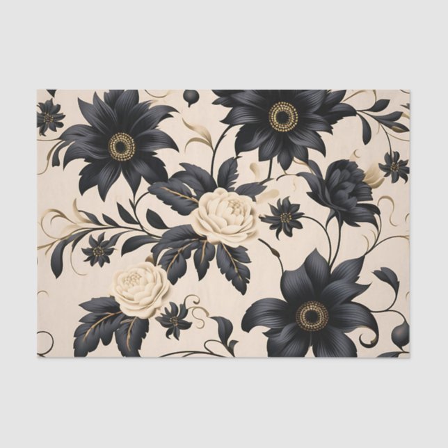 Black Flowers on Beige Pattern Tissue Paper (Front)