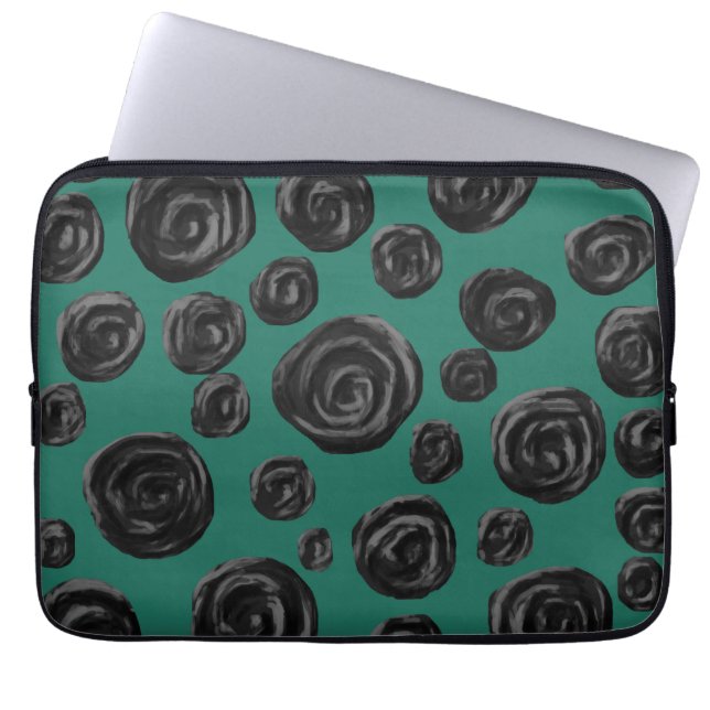 Black flowers on jade green. laptop sleeve (Front)