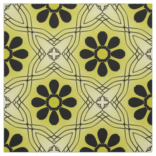 Black Flowers on Lime Green Background Pattern Fabric