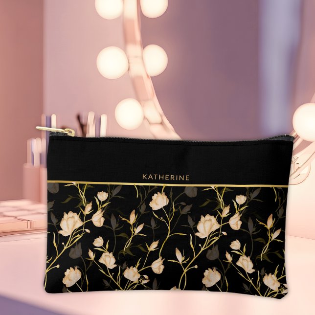 Black Flowers Pattern Pretty Girly Trendy Accessory Pouch (Creator Uploaded)
