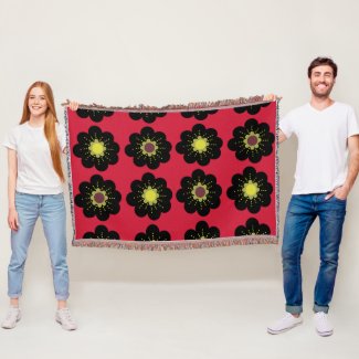 Black Flowers Red Background Scandinavian Flowers  Throw Blanket