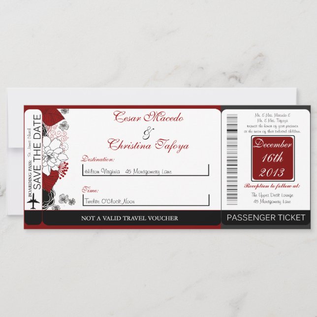 Black Flowers Red Boarding Pass Wedding Invitation (Front)
