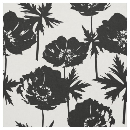 Black flowers, white, Monochrome Fabric