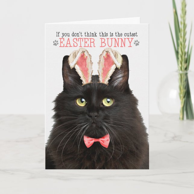 Black Fluffy Cat in Bunny Ears for Easter Holiday Card (Front)