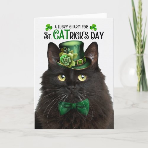 Black Fluffy Cat St CATricks Day Lucky Charm Holiday Card