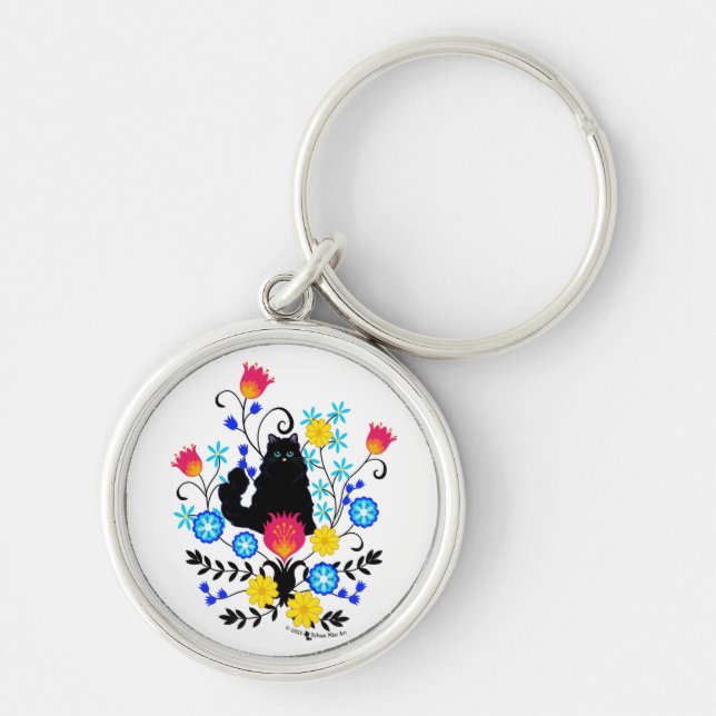 Black Fluffy Cat with Flowers Keychain (Front)