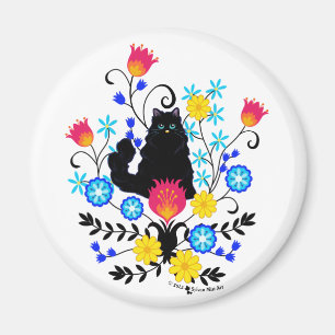 Black Fluffy Cat with Flowers Magnet