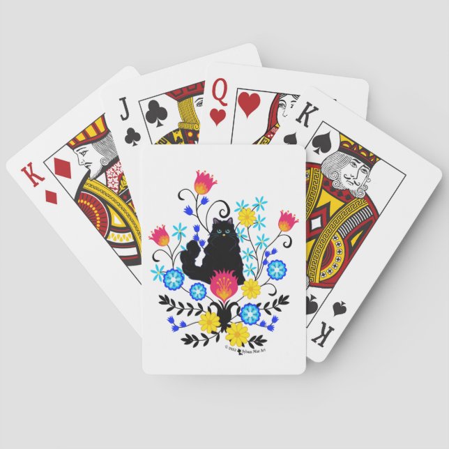 Black Fluffy Cat with Flowers Poker Cards (Back)