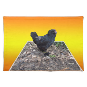 Black Fluffy Chicken On Golden Yellow, Cloth Placemat
