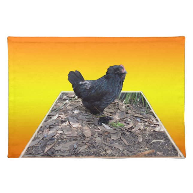 Black Fluffy Chicken On Golden Yellow, Cloth Placemat (Front)