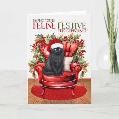 Black Fluffy Christmas Cat FELINE Festive Holiday Card