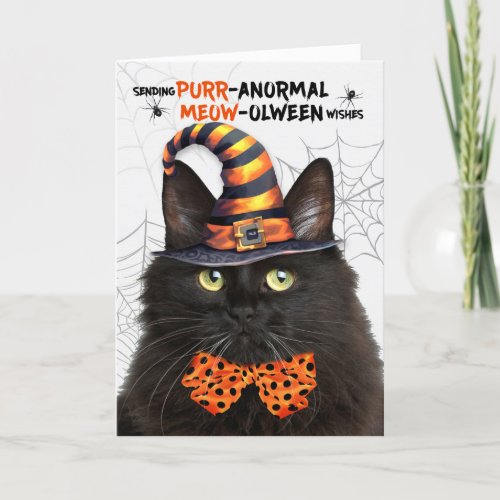 Black Fluffy Halloween Cat PURRanormal MEOWolween Holiday Card