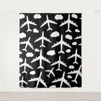 Black flying aircraft airplanes pattern design tapestry