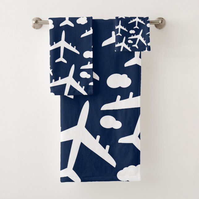 Black flying airplanes aircraft pattern design  bath towel set (Insitu)