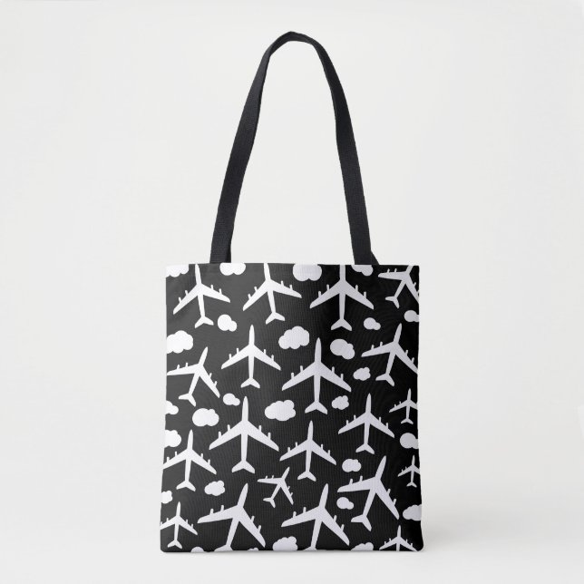 Black flying airplanes aircraft pattern design  tote bag (Front)