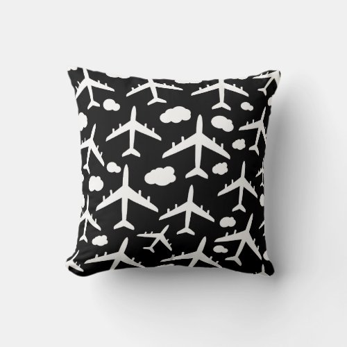 Black flying airplanes aircraft pattern  throw pillow