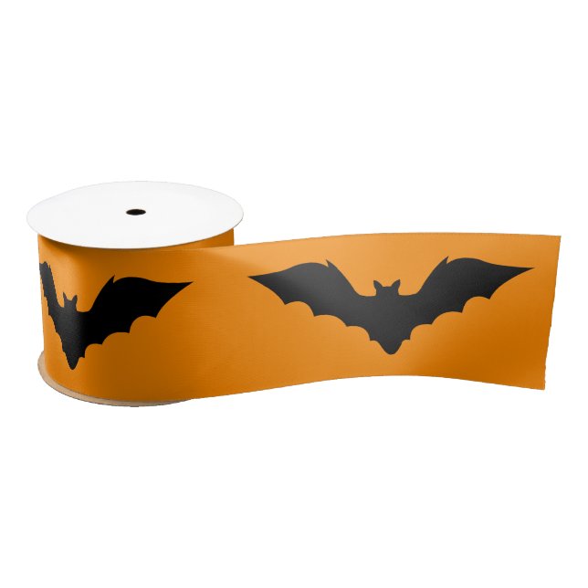 Black Flying Bat Silhouette On Orange Halloween Satin Ribbon (Spool)