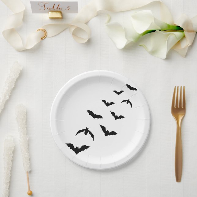 Black Flying Bat Silhouettes Simple Halloween Paper Plates (Wedding)