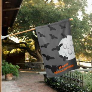 Black Flying Bats Full Moon Happy Halloween House Flag