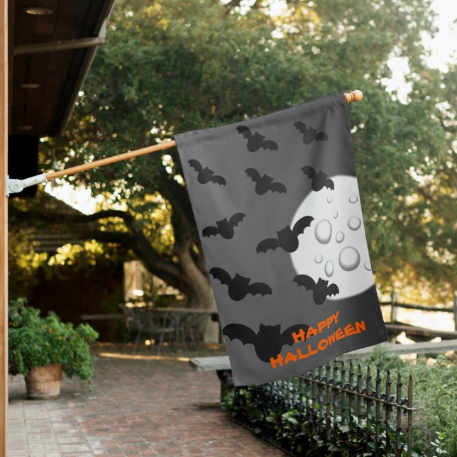 Black Flying Bats Full Moon Happy Halloween House Flag (In SItu)