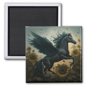 Black Flying Horse Sunflower  Fantasy  Magnet