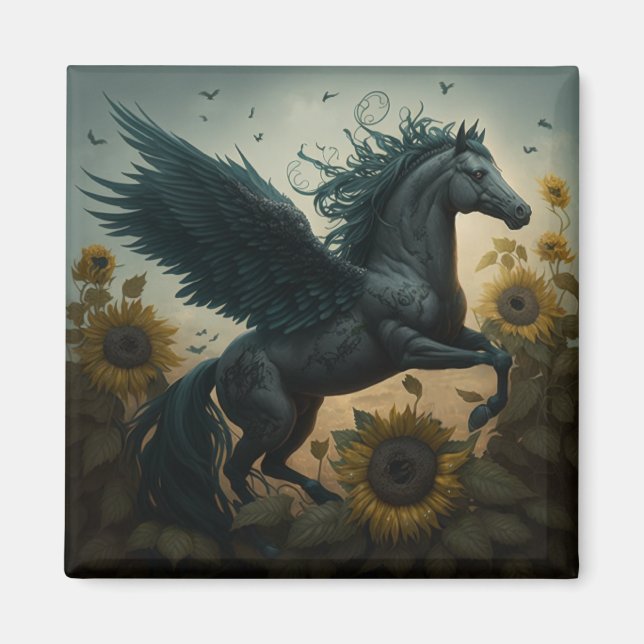 Black Flying Horse Sunflower  Fantasy  Magnet (Front)