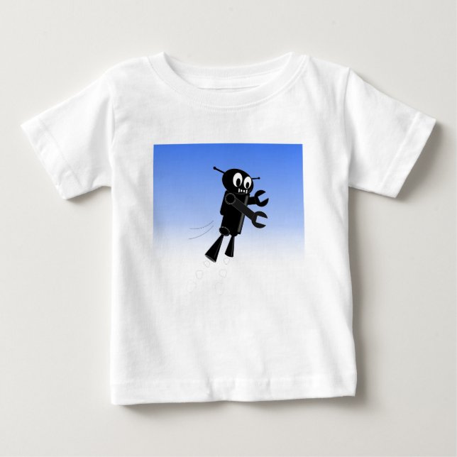 Black Flying Robot Blue Sky Background Baby T-Shirt (Front)