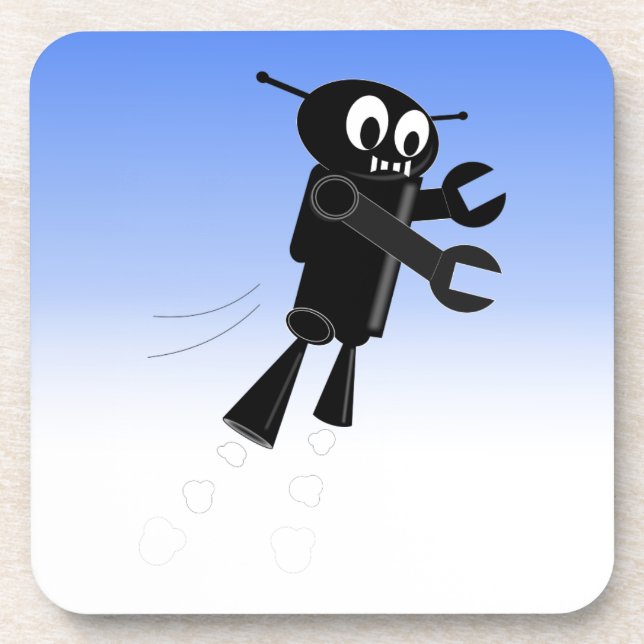 Black Flying Robot Blue Sky Background Beverage Coaster (Front)