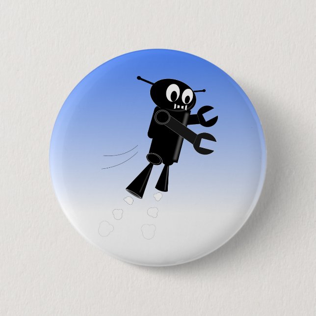 Black Flying Robot Blue Sky Background Button (Front)