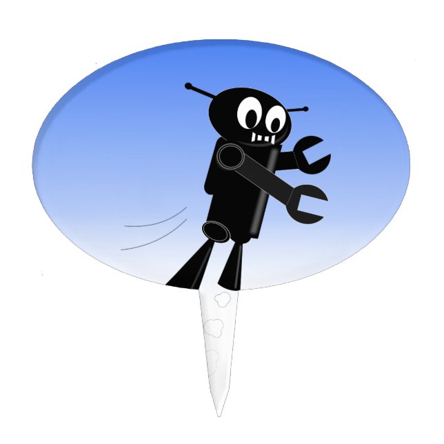 Black Flying Robot Blue Sky Background Cake Topper (Front)