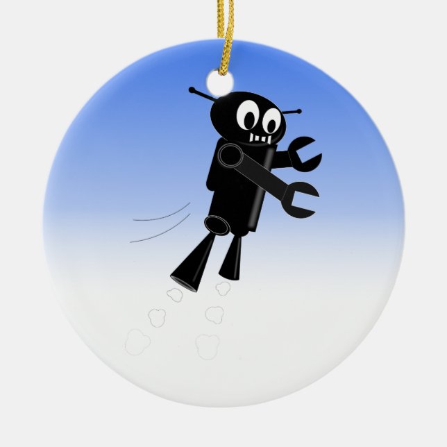 Black Flying Robot Blue Sky Background Ceramic Ornament (Front)