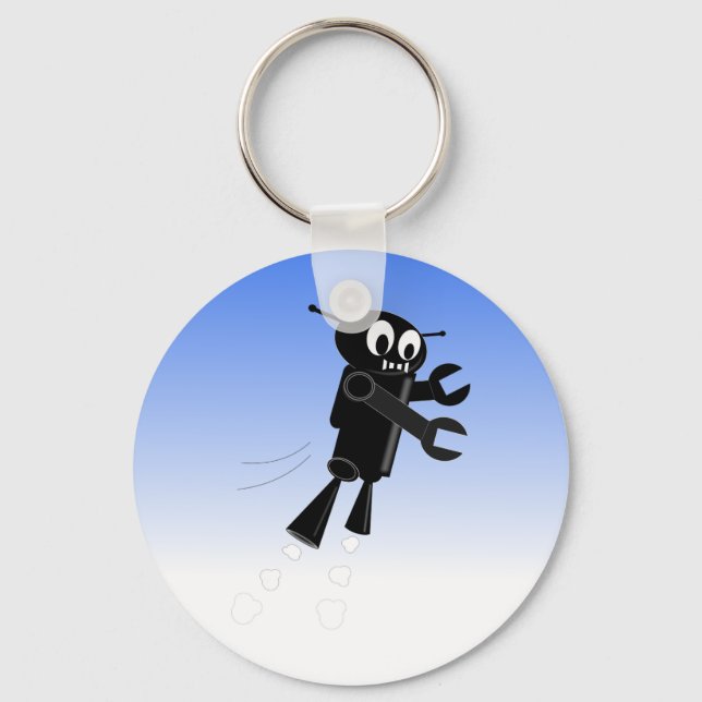 Black Flying Robot Blue Sky Background Keychain (Front)