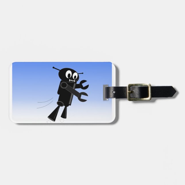 Black Flying Robot Blue Sky Background Luggage Tag (Front Horizontal)
