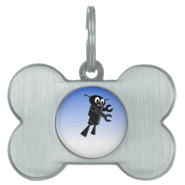 Black Flying Robot Blue Sky Background Pet Tag (Front)