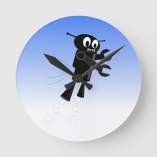 Black Flying Robot Blue Sky Background Round Clock